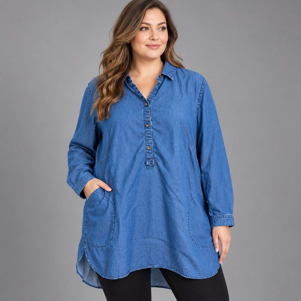 J Jill Denim Lyocell Tunic Shirt Womens XL Blue Chambray Pullover Pocket Blouse
